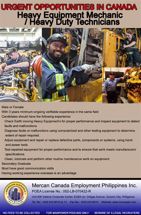 HEAVY EQUIPMENT MECHANIC Job Hiring in Canada for .